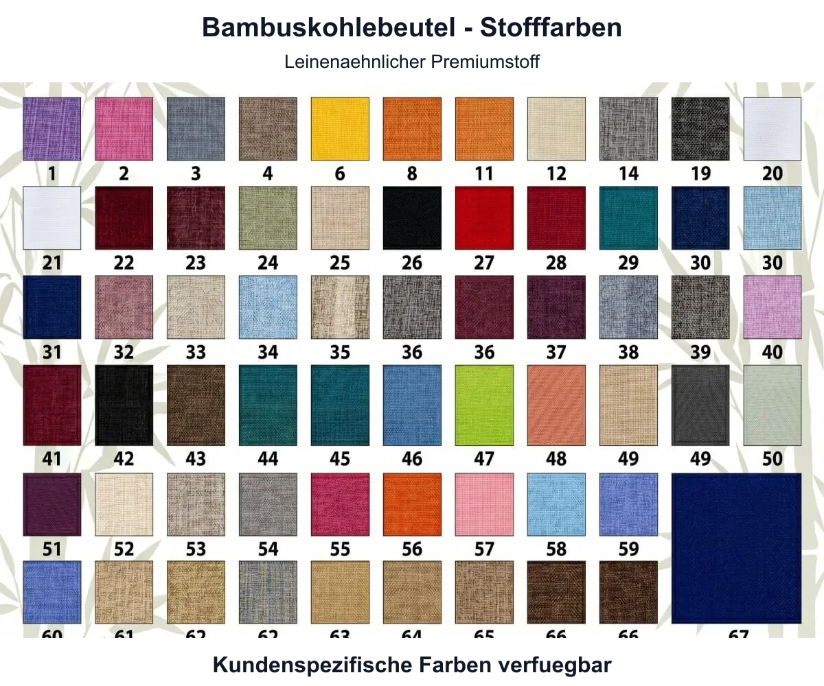 67 Referenzfarben für kundenspezifische Bambuskohlebeutel