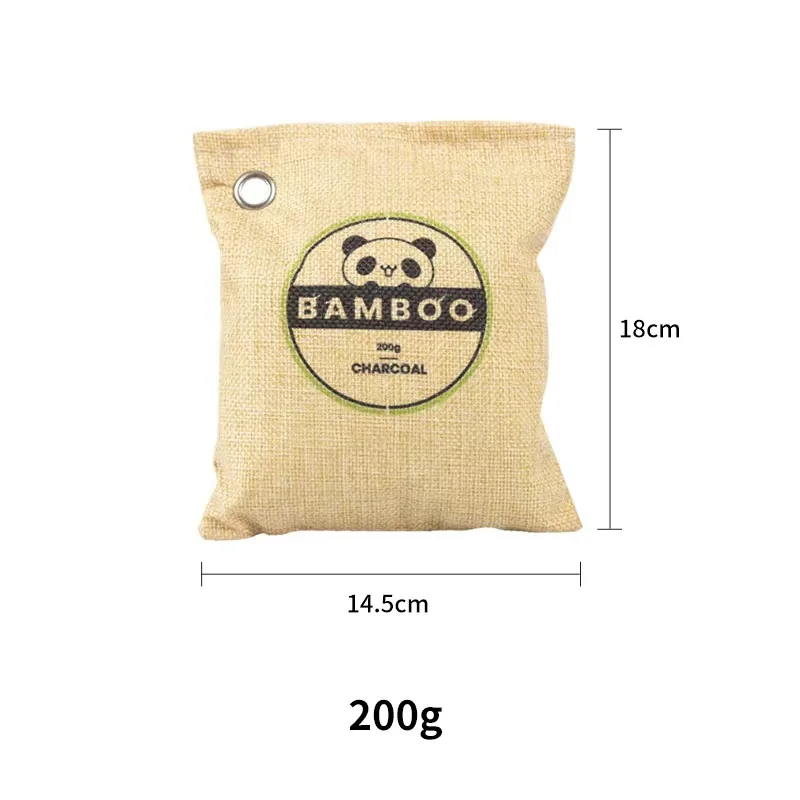 Beige 200g car charcoal pouch with eyelet, dimensions and printed panda graphic