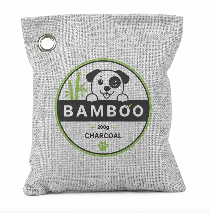 Gray 200g bamboo charcoal pouch with reinforced metal eyelet and printed pet graphics