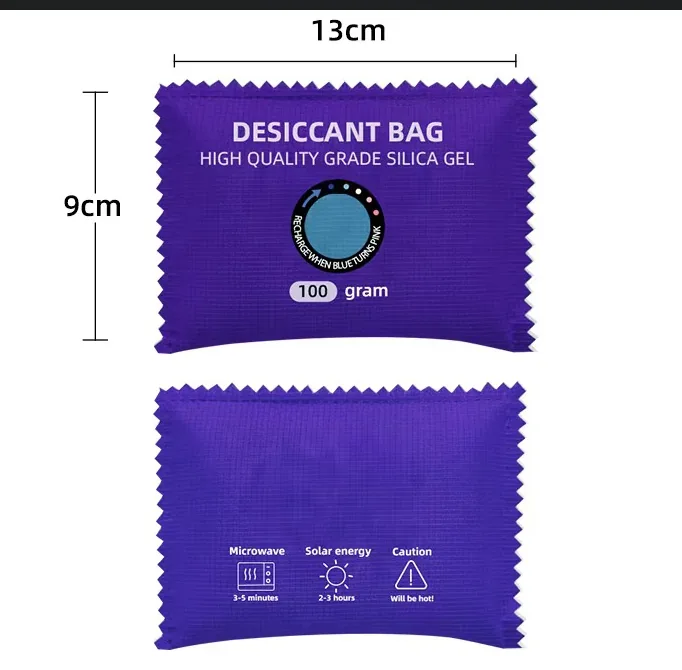 Front and back view of a 100g reusable silica gel car dehumidifier bag