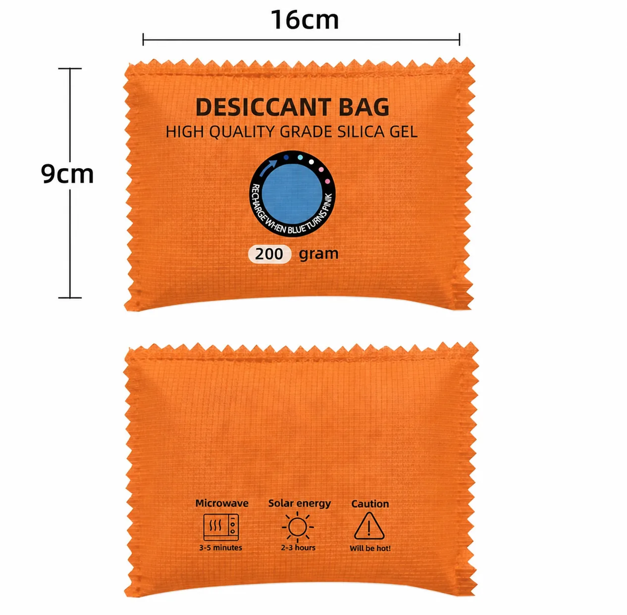 Front and back view of an orange 200g reusable silica gel car dehumidifier bag