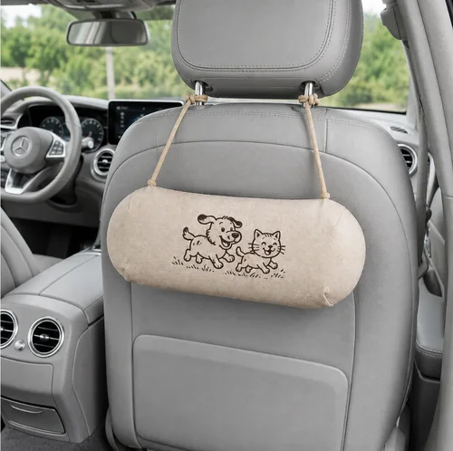 Beige wide car seat-back charcoal bag showing a large custom printed front panel