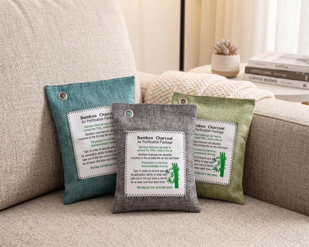 Private-label logo panels on bamboo charcoal closet bags