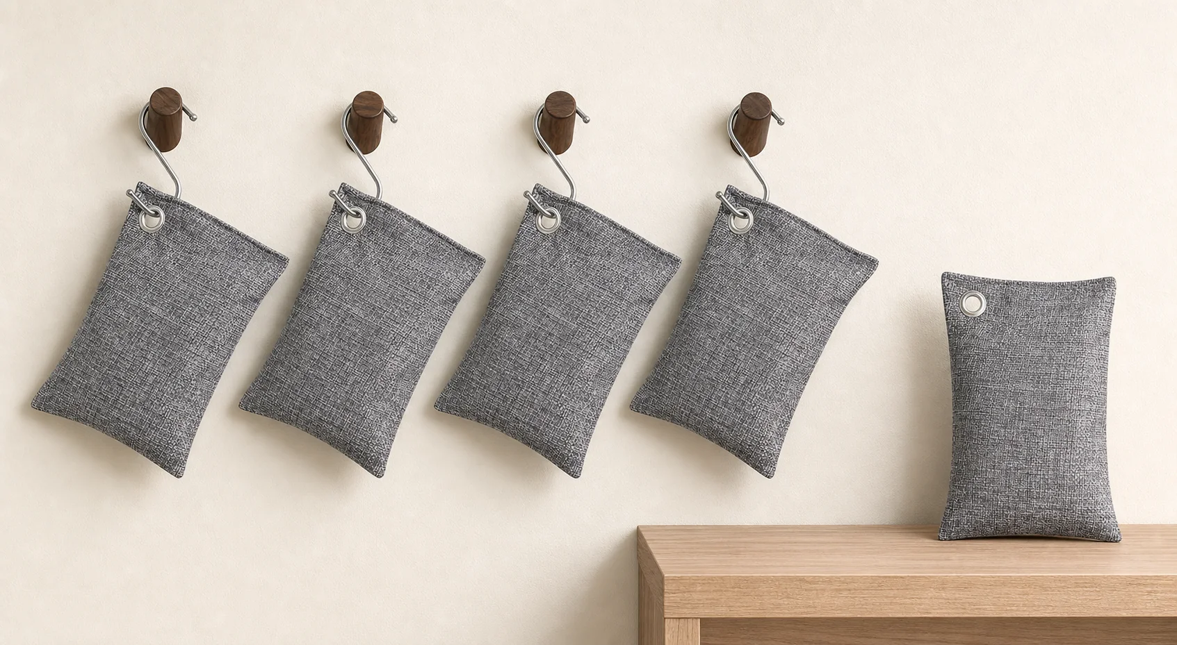 Four hanging grey charcoal storage pouches and one upright eyelet pouch