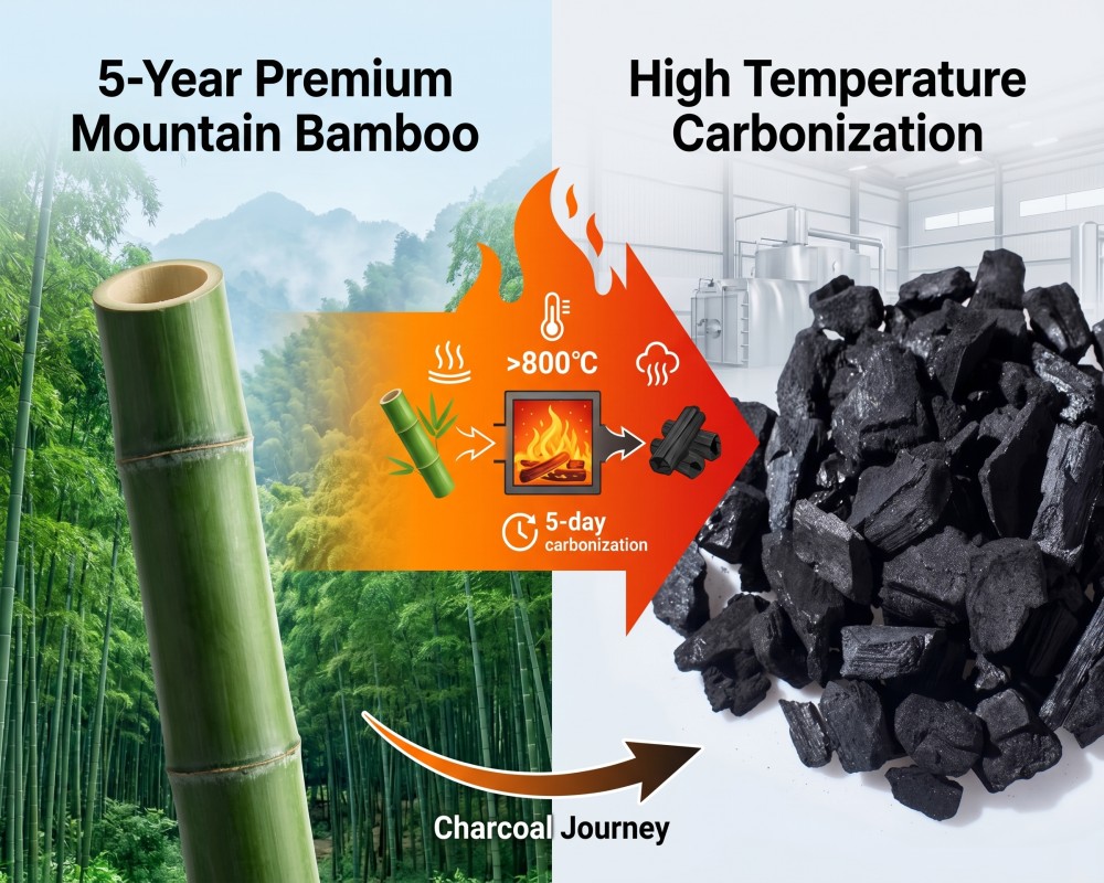 Bamboo charcoal preparation process for shoe deodorizer filling