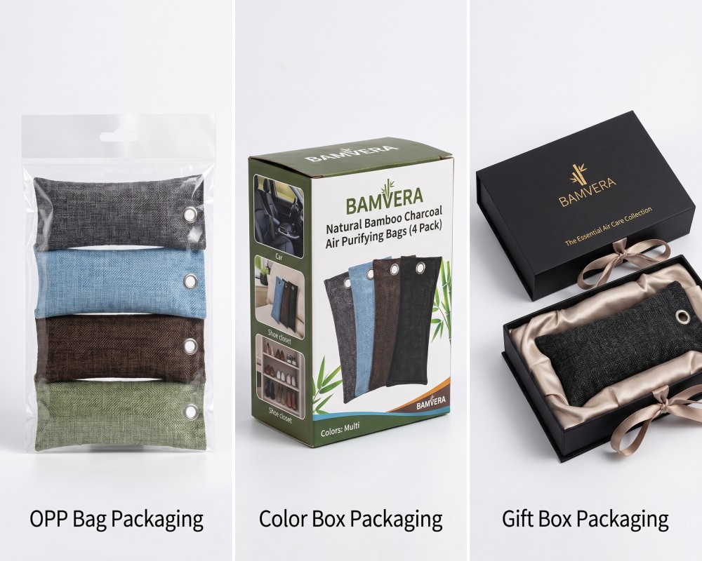Charcoal shoe deodorizer packaging options including OPP bag, color box and gift box