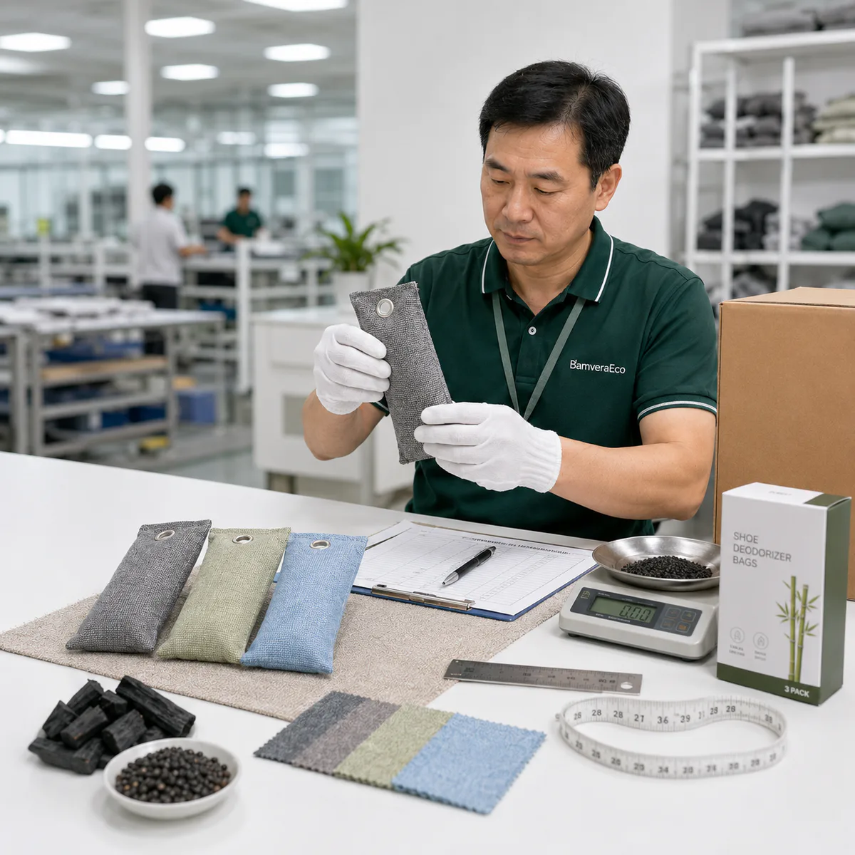 Quality inspector checking a charcoal shoe deodorizer bag at a workbench