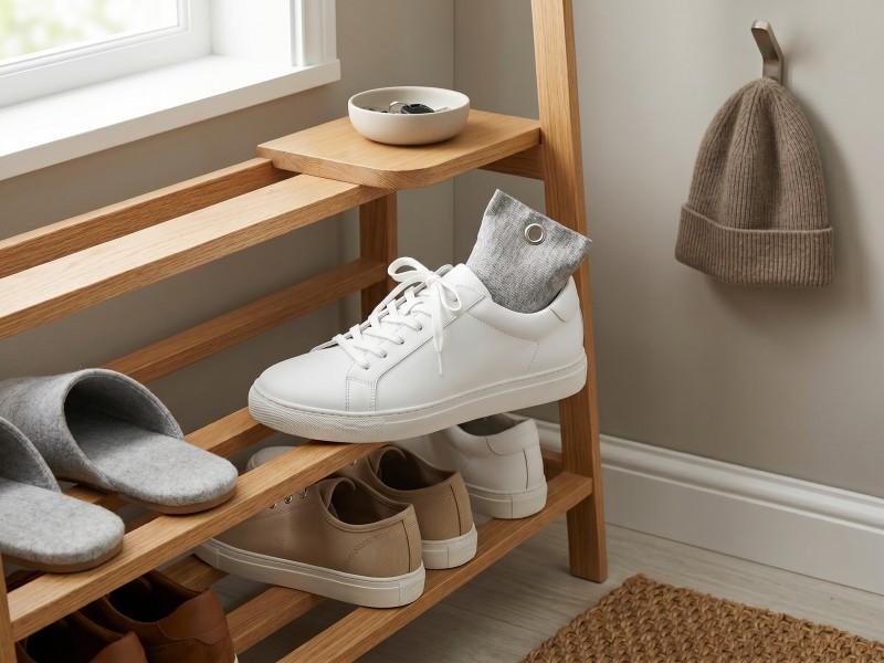 Bamboo charcoal deodorizer pouch placed inside a sneaker