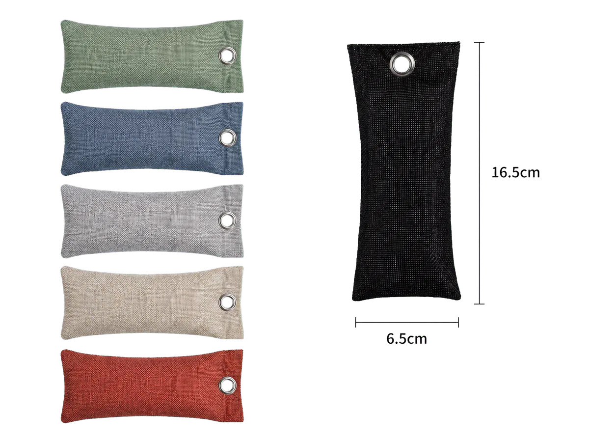 Charcoal shoe deodorizer pouch options in multiple colors and formats