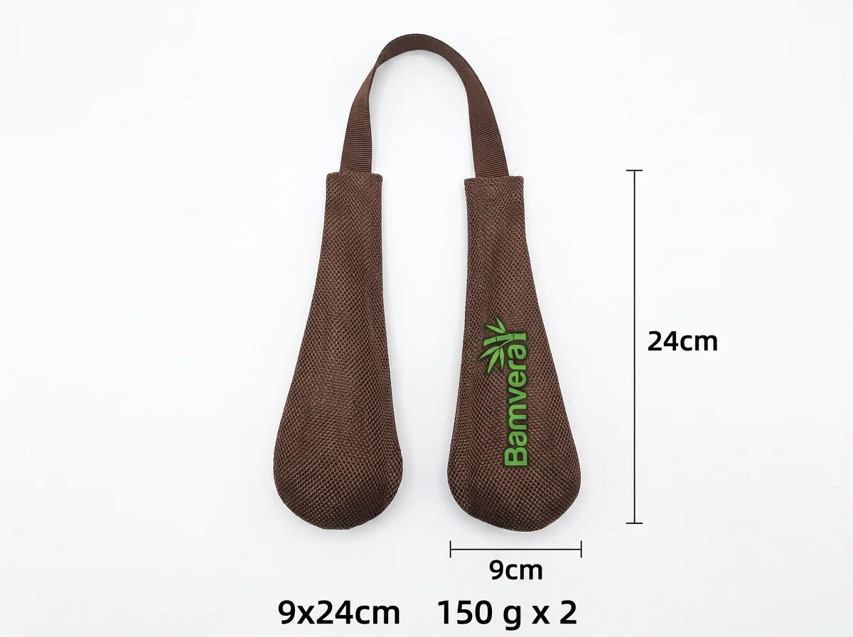 Brown two-piece hanging charcoal bag set showing 9 by 24 centimeter dimensions and 150 grams per bag