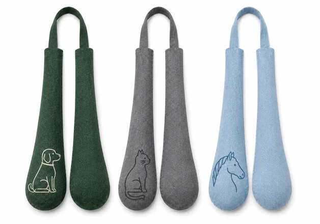 Three coordinated pairs of long hanging charcoal bags in green gray and blue fabrics