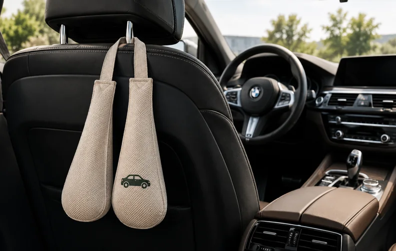 Two beige charcoal bags hanging independently from front car seat headrest areas