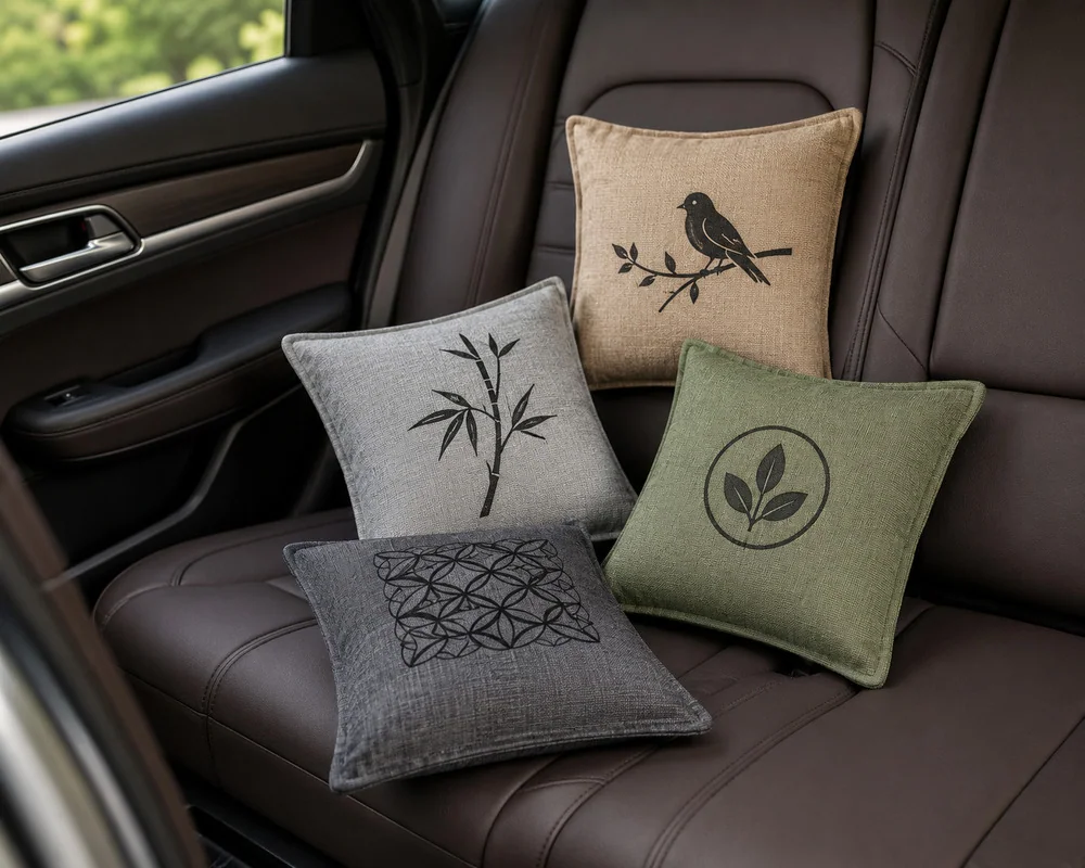 Bamboo charcoal odor absorber pouch formats positioned on a vehicle seat