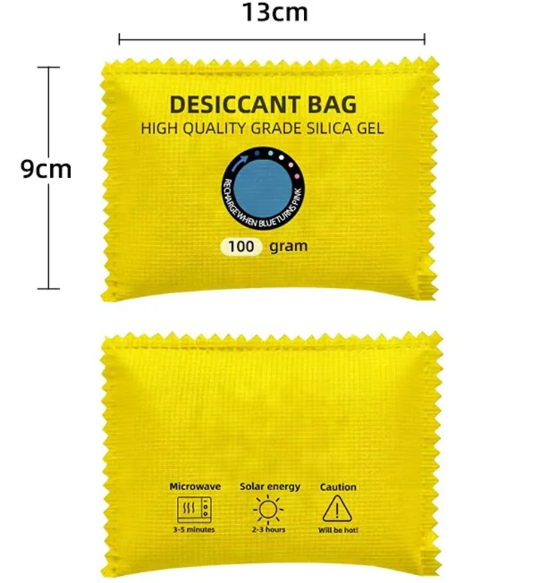 Yellow 100 gram reusable silica gel car dehumidifier bag with moisture indicator