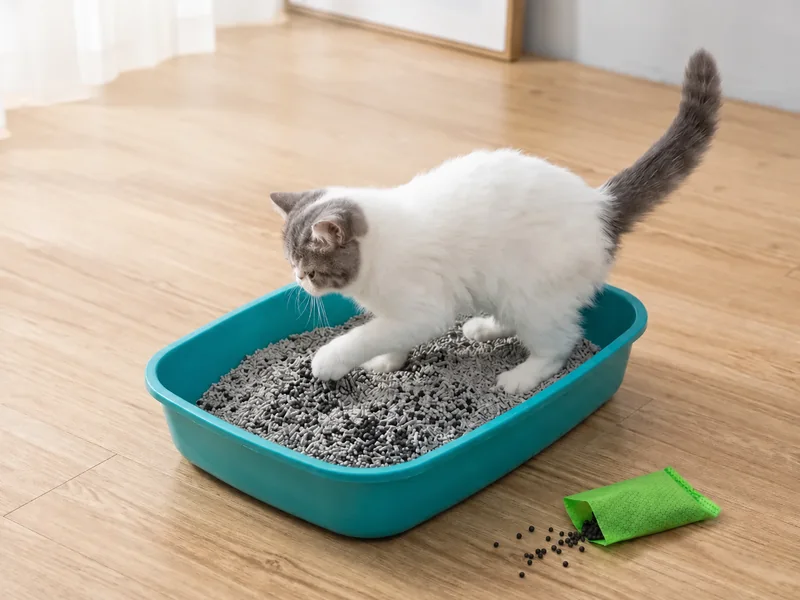 Black activated carbon deodorizer granules beside a cat