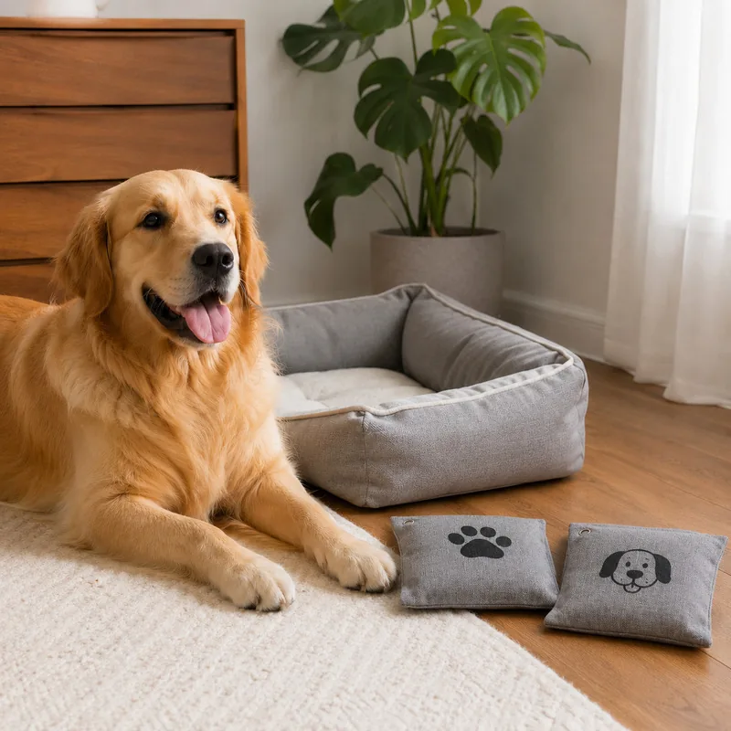 Printed bamboo charcoal odor absorber bags positioned in a dry dog living area