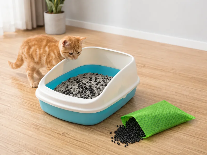 Black cat litter deodorizer granules mixed through cat litter at a reference ratio