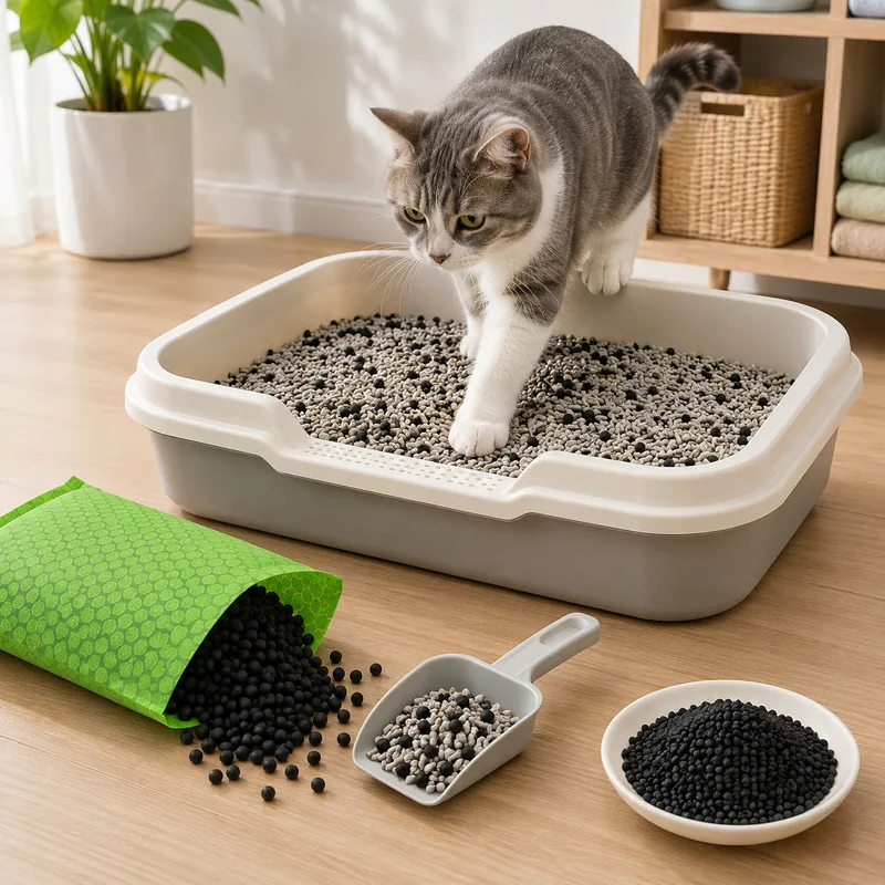 Black litter deodorizer charcoal granules prepared for mixing with compatible cat litter