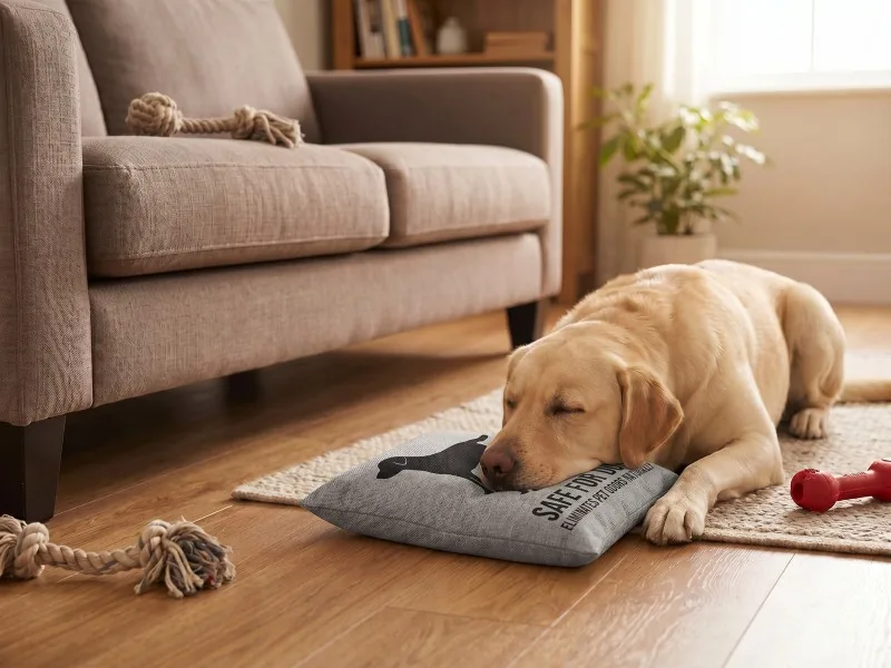 Large bamboo charcoal pet odor control bag beside a dog bed