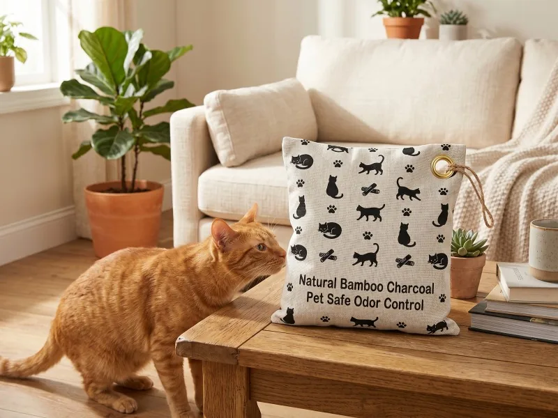 Printable 500g bamboo charcoal pet odor control bag in a living room with a cat