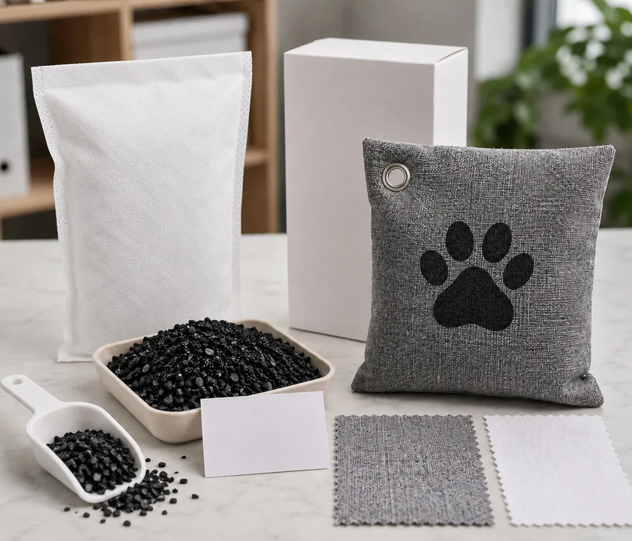 Bamboo charcoal granules, SMS inner liner and printed pet odor absorber pouch prepared for production approval